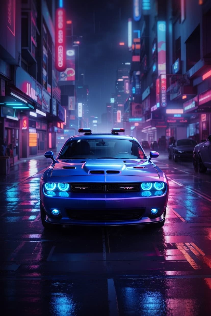 Blue muscle car with glowing lights on a wet city street reflecting bright pink and cyan neon store signs.
