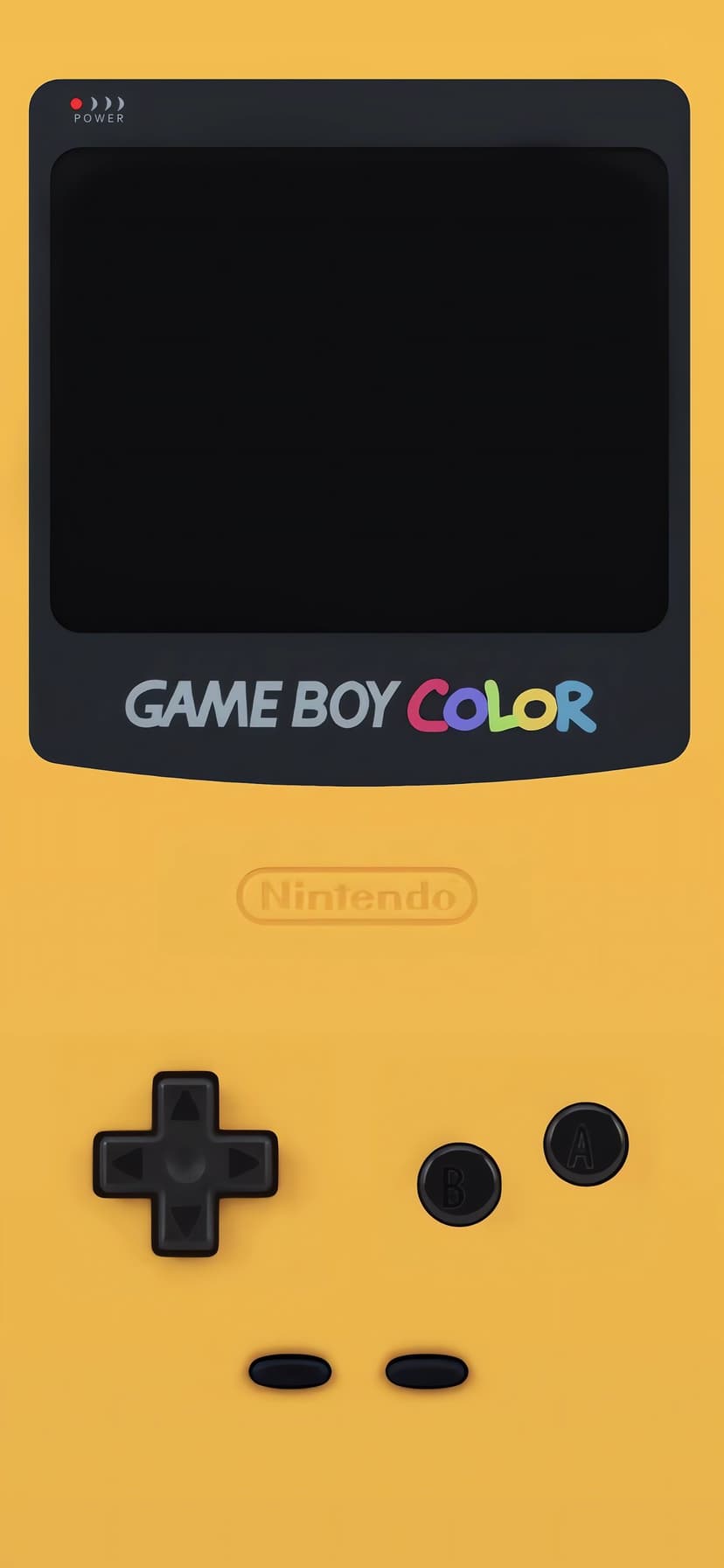 Yellow Game Boy Color handheld console featuring a grey directional pad and red buttons on a minimalist background.