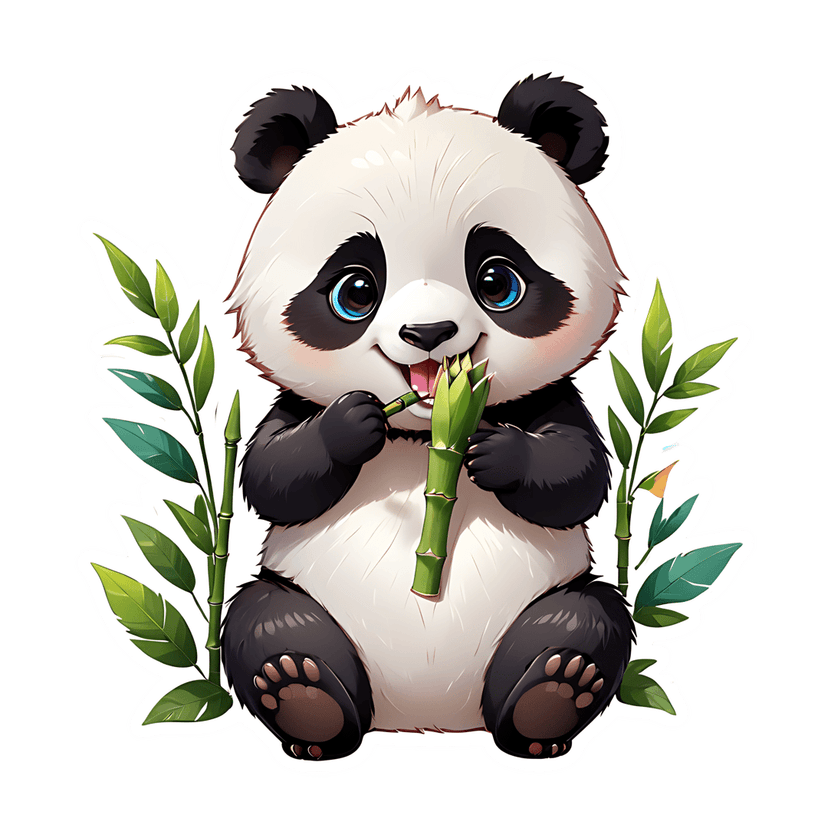 Panda sticker illustration sitting amidst green bamboo stalks with fluffy fur texture and vibrant blue eyes.