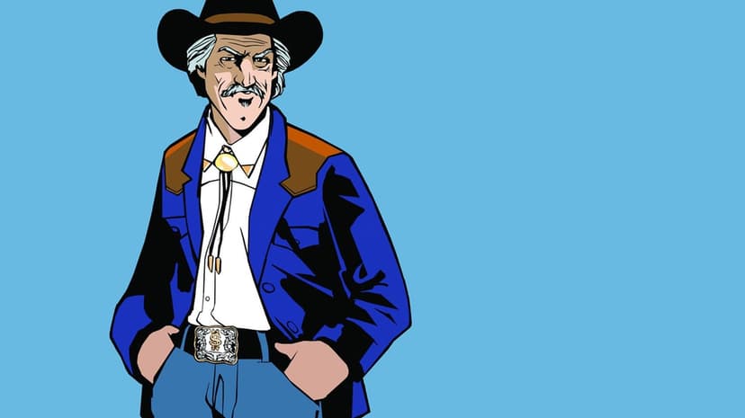 Cowboy character in a blue jacket and black hat posing against a light blue background in a comic art style.