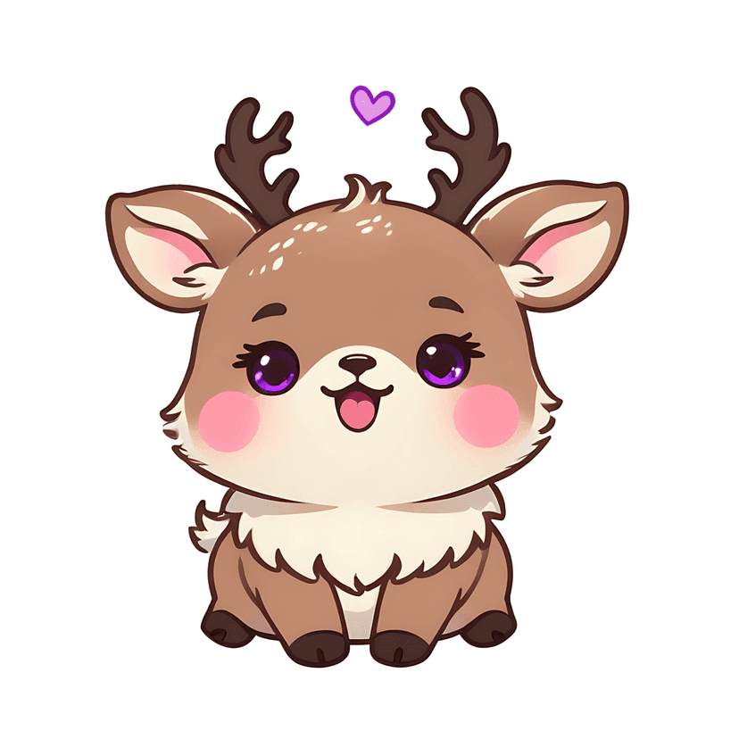 Brown deer sticker illustration shows a fluffy character with purple eyes, pink cheeks, and floating hearts.