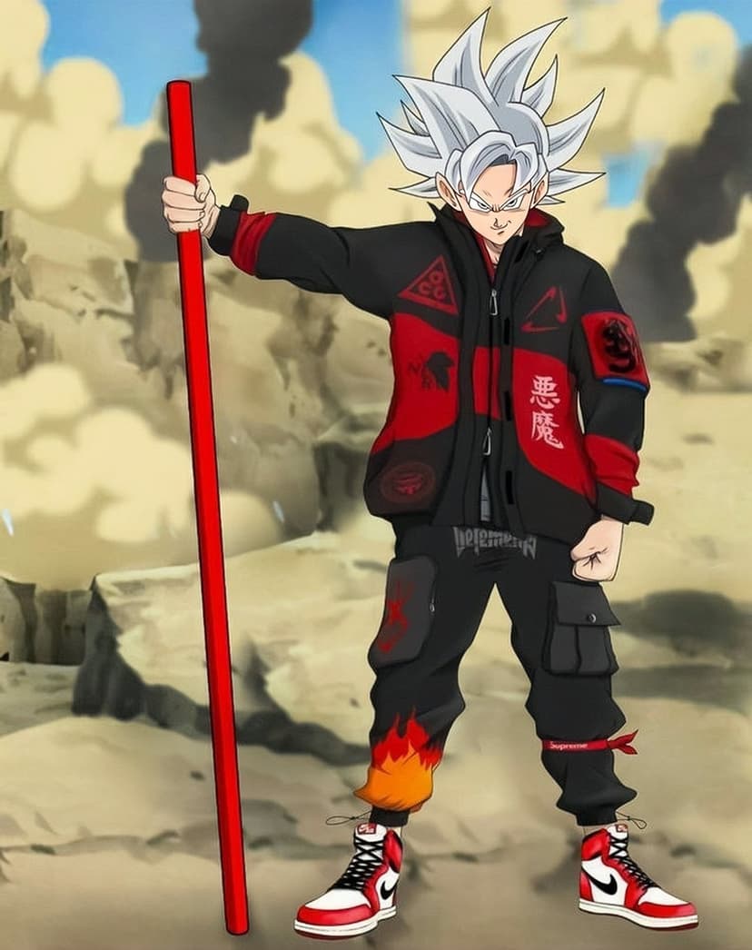 Goku wearing a black and red streetwear jacket and flame cargo pants while holding a red martial arts staff.