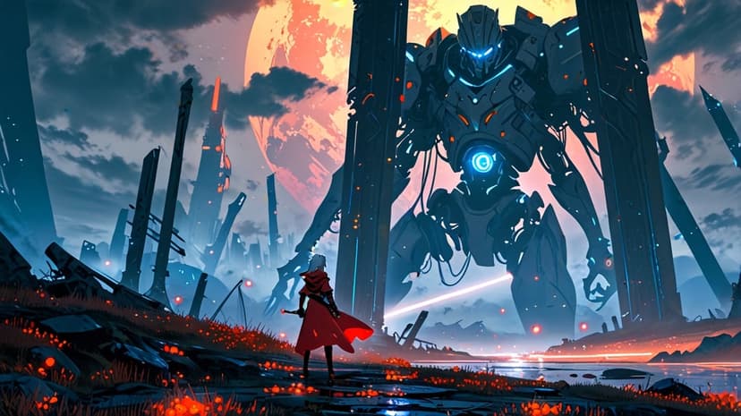 Red-cloaked warrior stands before a giant rusted robot amidst crumbling skyscrapers under a large glowing moon.