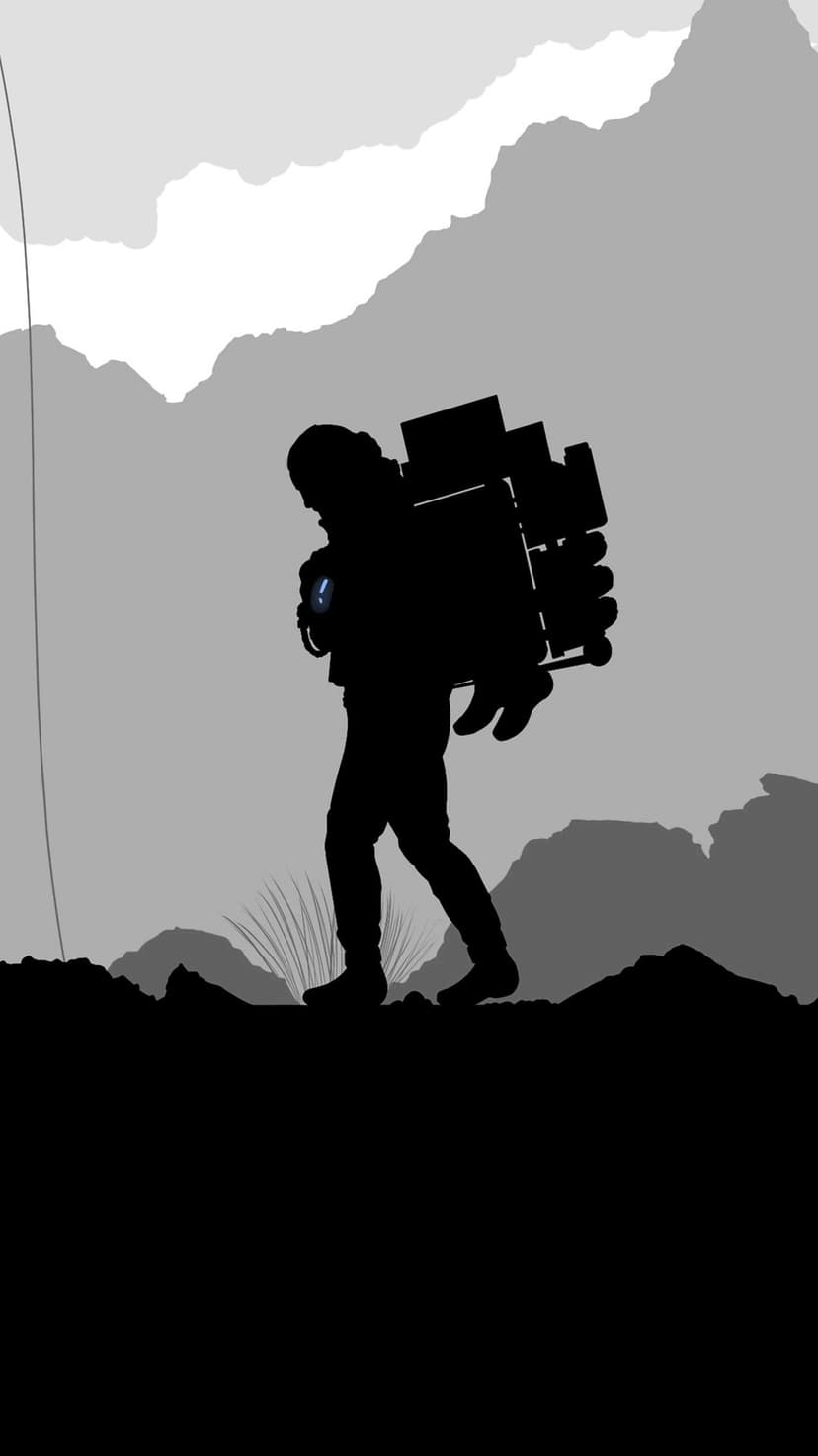 Silhouette of a delivery porter with a large backpack walking across a gray mountain landscape with a blue light.
