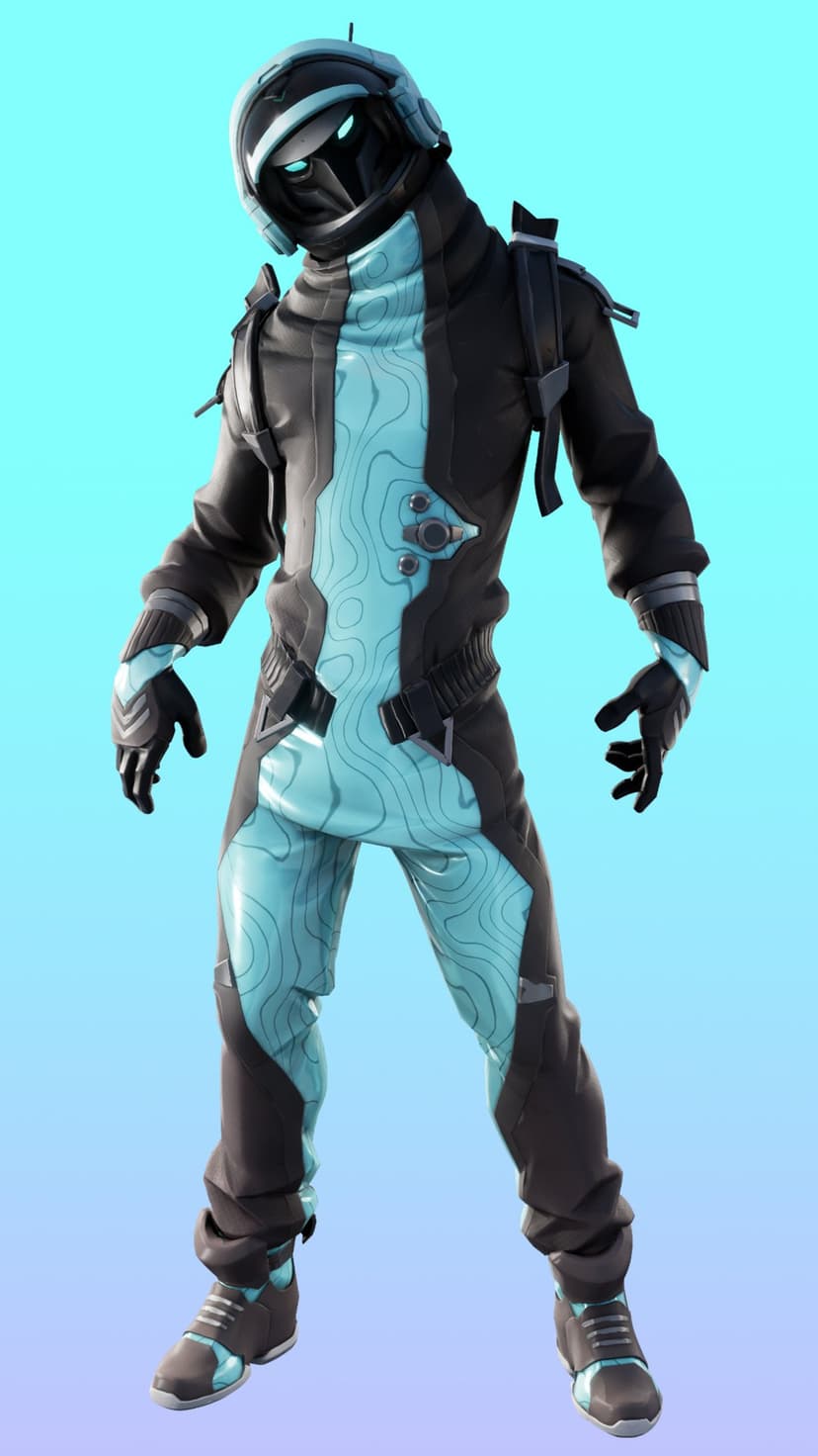 Cybernetic commando wearing a blue topographical map suit and tactical headset against a solid blue background.