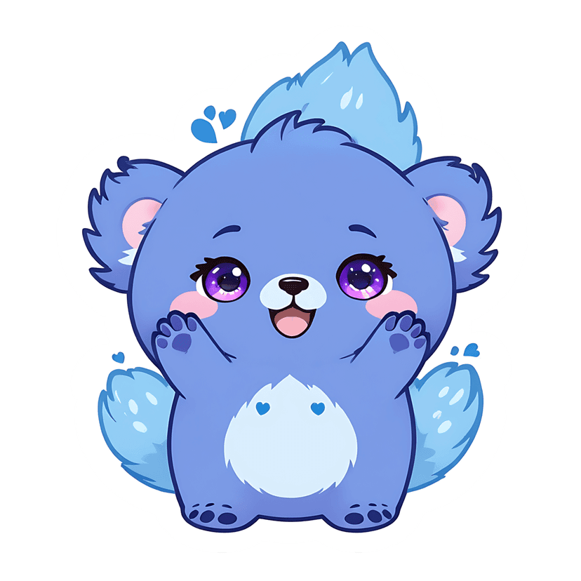 Blue bear sticker with fluffy texture and purple eyes faces forward against a transparent background.