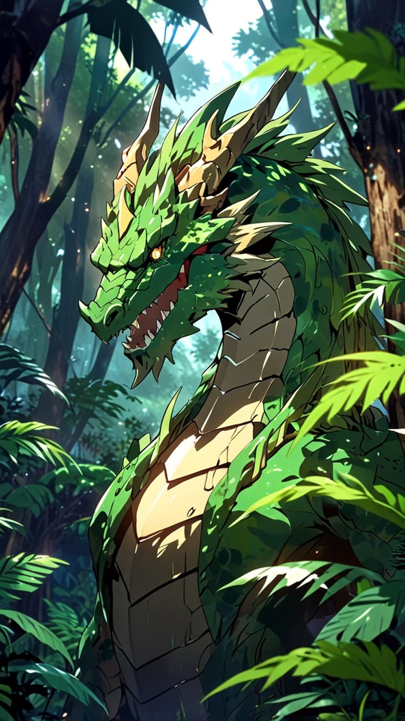 Emerald dragon with golden horns and glowing eyes weaves through dense sunlit jungle foliage and ferns.