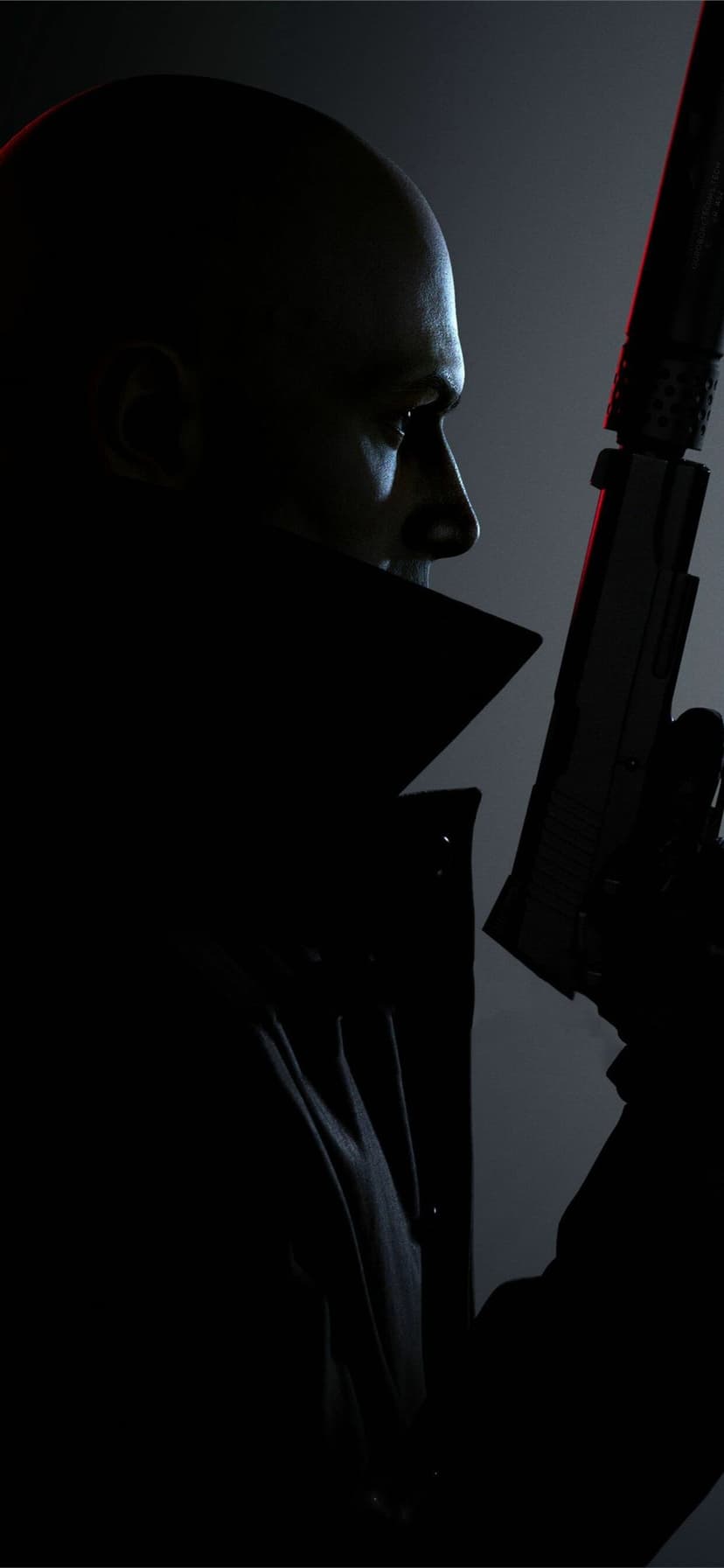 Agent 47 in profile holding a silenced pistol with dramatic blue and red rim lighting in shadows.