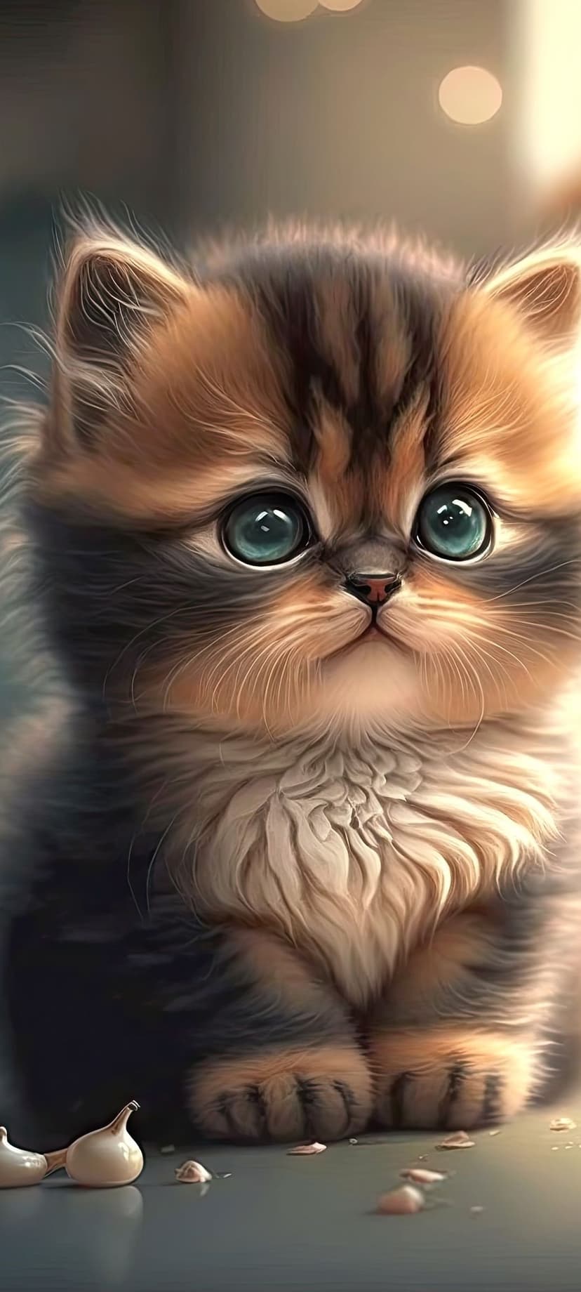 Blue-eyed fluffy kitten with multi-colored fur stares forward against a warm, blurry bokeh background.