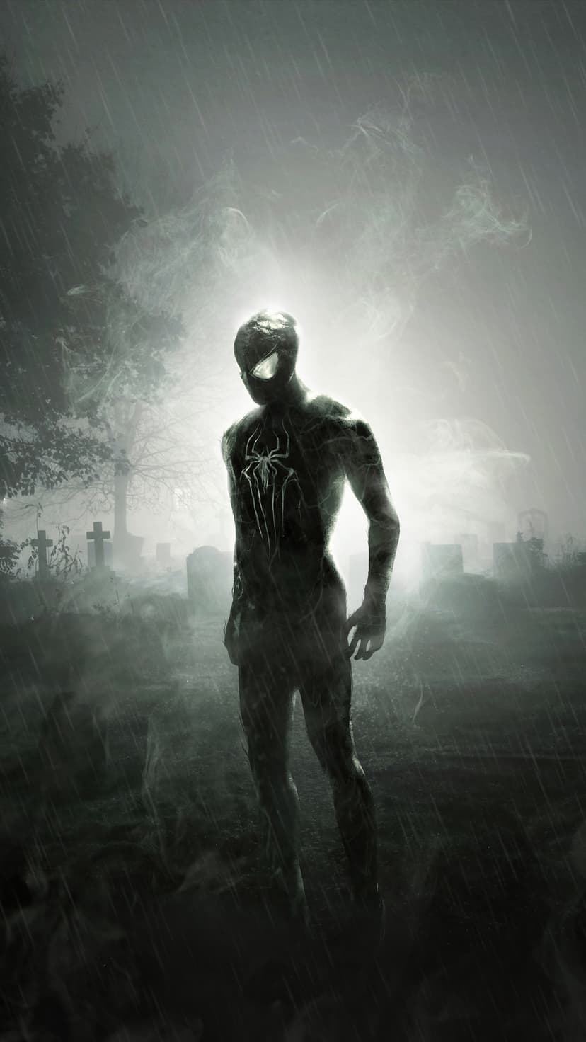 Spiderman in a black suit with a white logo stands in a foggy cemetery during a heavy rainstorm at night.