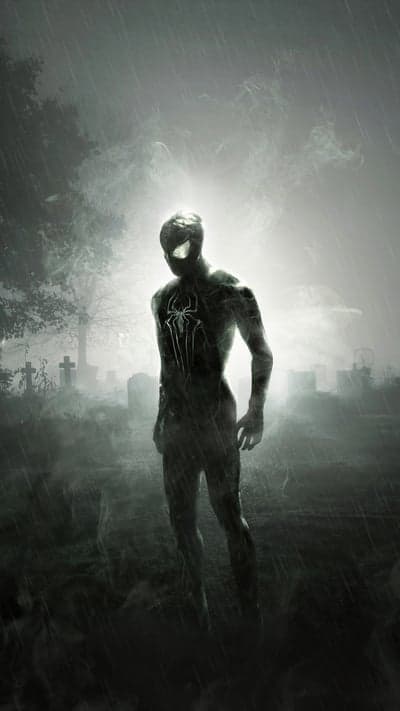 Spiderman in Black Suit in Rainy Cemetery