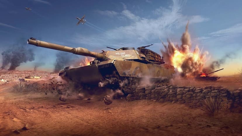 M1 Abrams tank crashing through a wall with a massive explosion and A-10 planes in a desert landscape.