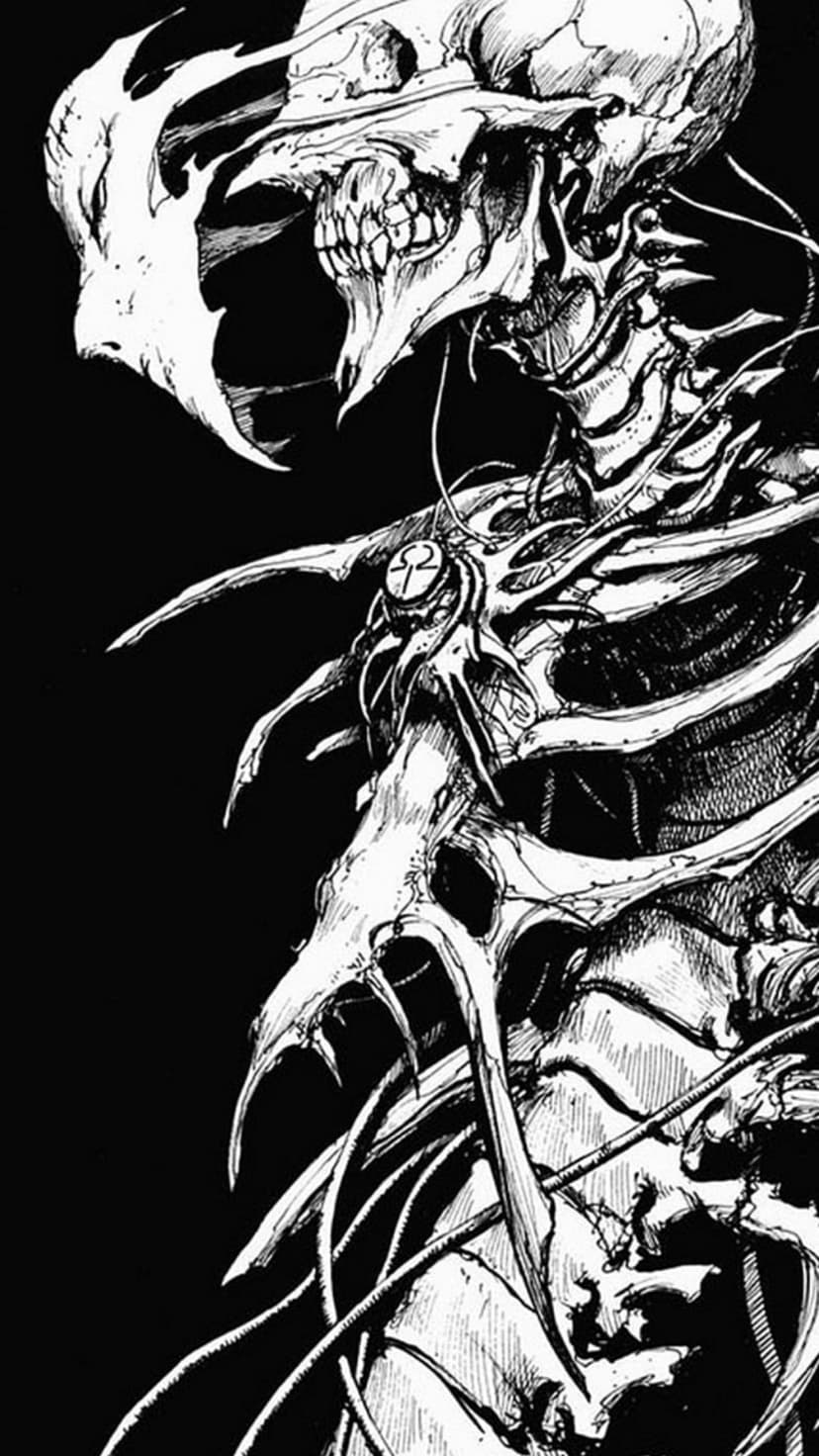 Skeletal figure with biomechanical ribcage and sharp metallic spine against a solid black background in profile.