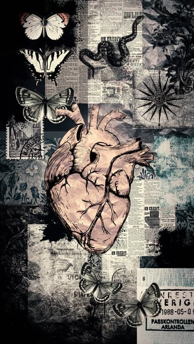 Vintage Collage: Heart, Butterflies, Snake, and Newspaper