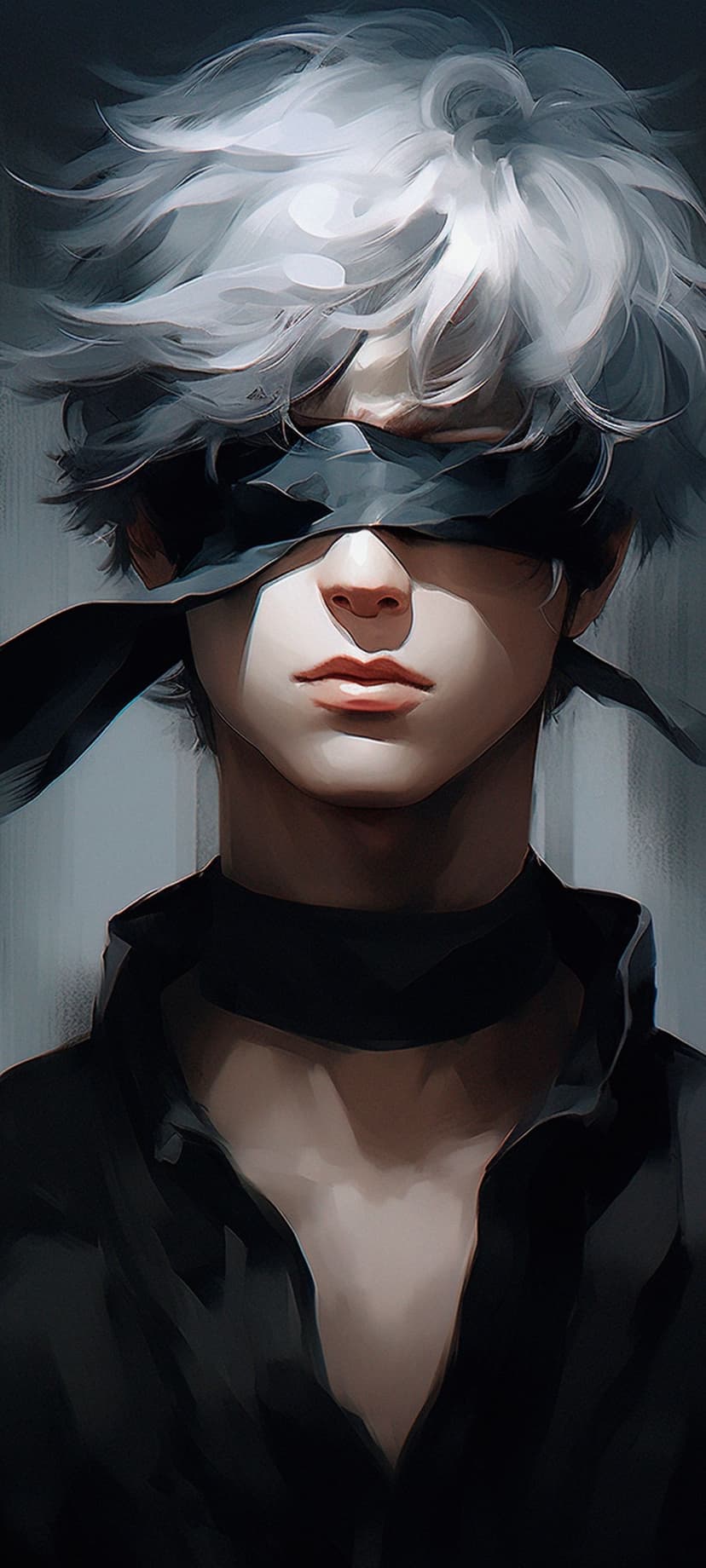 Blindfolded boy with windswept white hair and a high-collared black shirt against a dark, moody background.