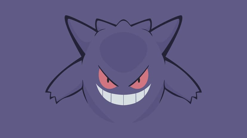 Gengar Pokemon with red eyes and a wide grin on a purple background in a minimalist vector art style.