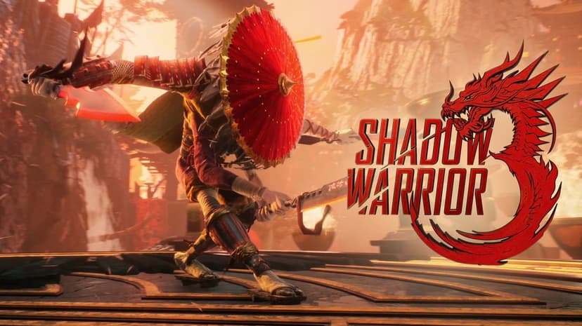 Shadow Warrior 3 character with a red parasol holding glowing heated swords in a sunlit rocky environment.