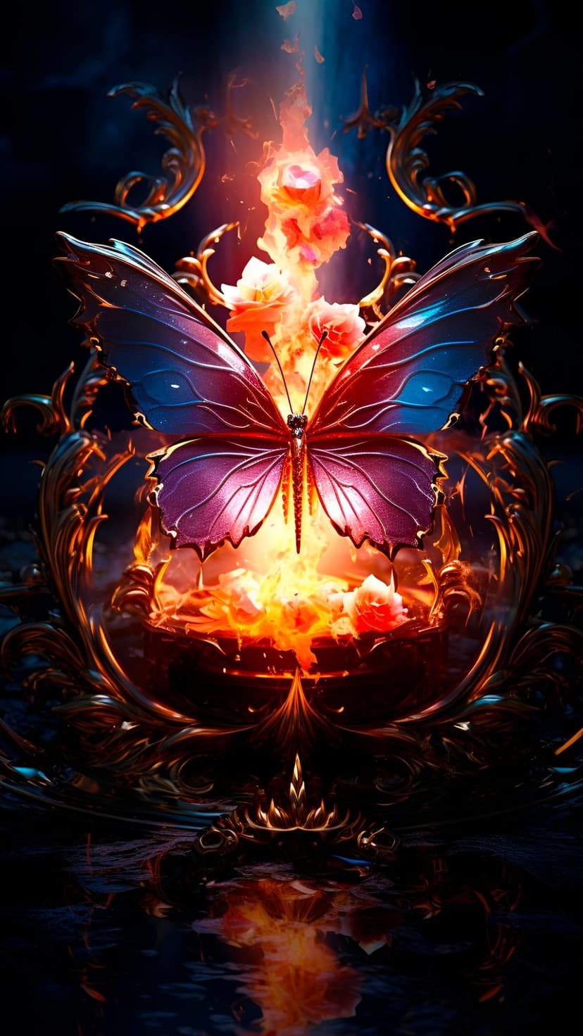 Iridescent butterfly on glowing roses within a golden frame reflecting on dark water in a moody atmosphere.