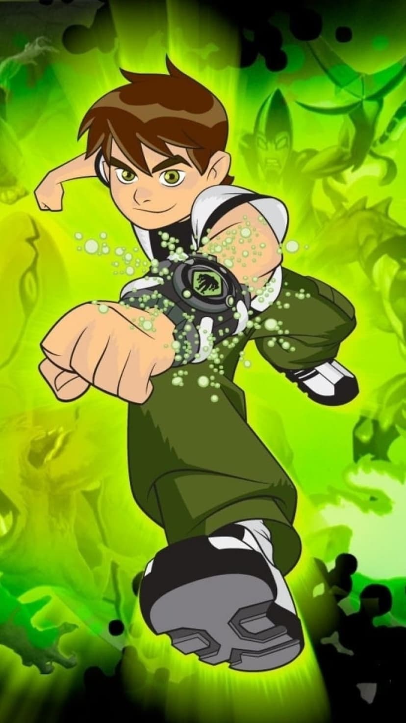 Ben Tennyson in a green shirt activates a glowing green wrist watch amidst smoky alien silhouettes.