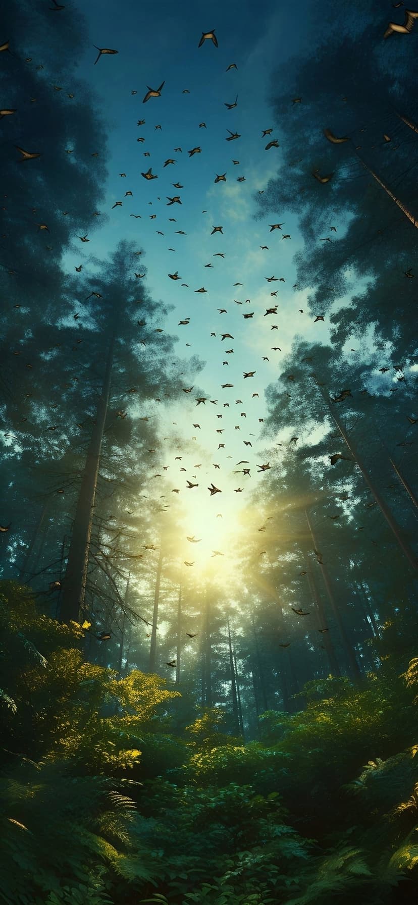 Large flock of birds flying through a sun-drenched forest canopy with misty light beams and green undergrowth.