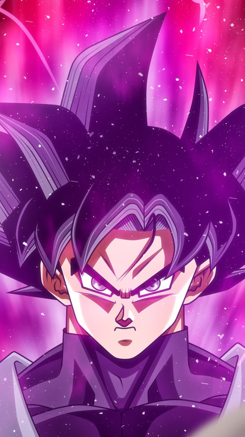 Goku Black in Super Saiyan Rosé form with spiky pink hair and a glowing magenta aura in a close-up portrait.