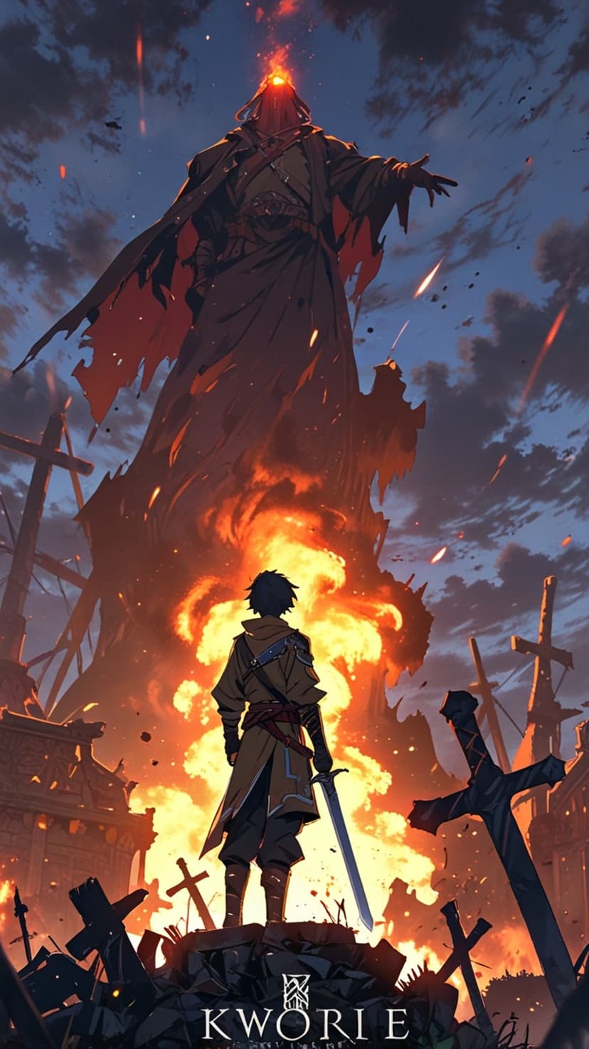Knight with a sword faces a massive flaming giant standing among broken crosses and ruins under a dark smoky sky.
