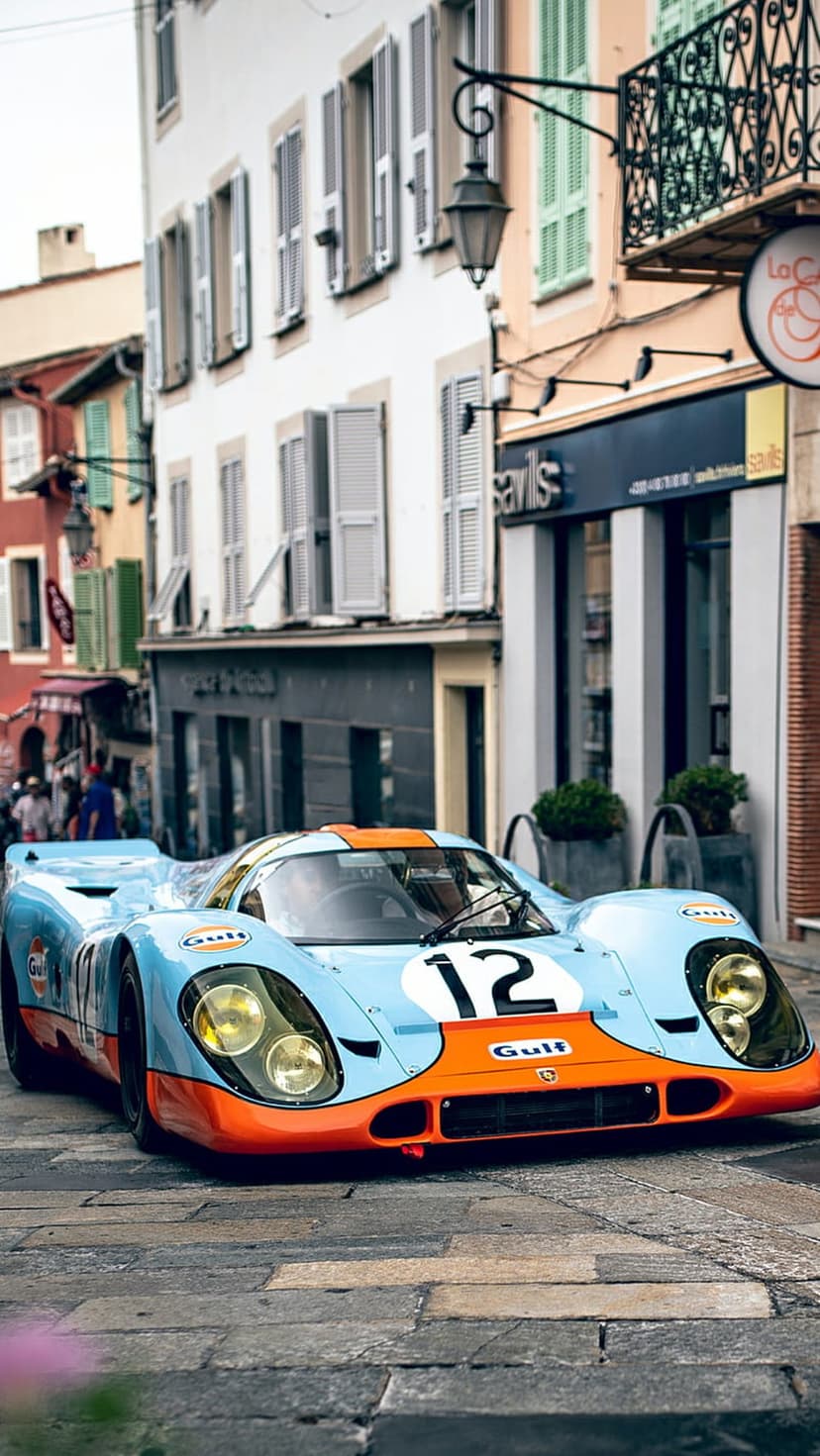 Porsche 917 Gulf livery race car parked on a cobblestone street with historic European architecture background.