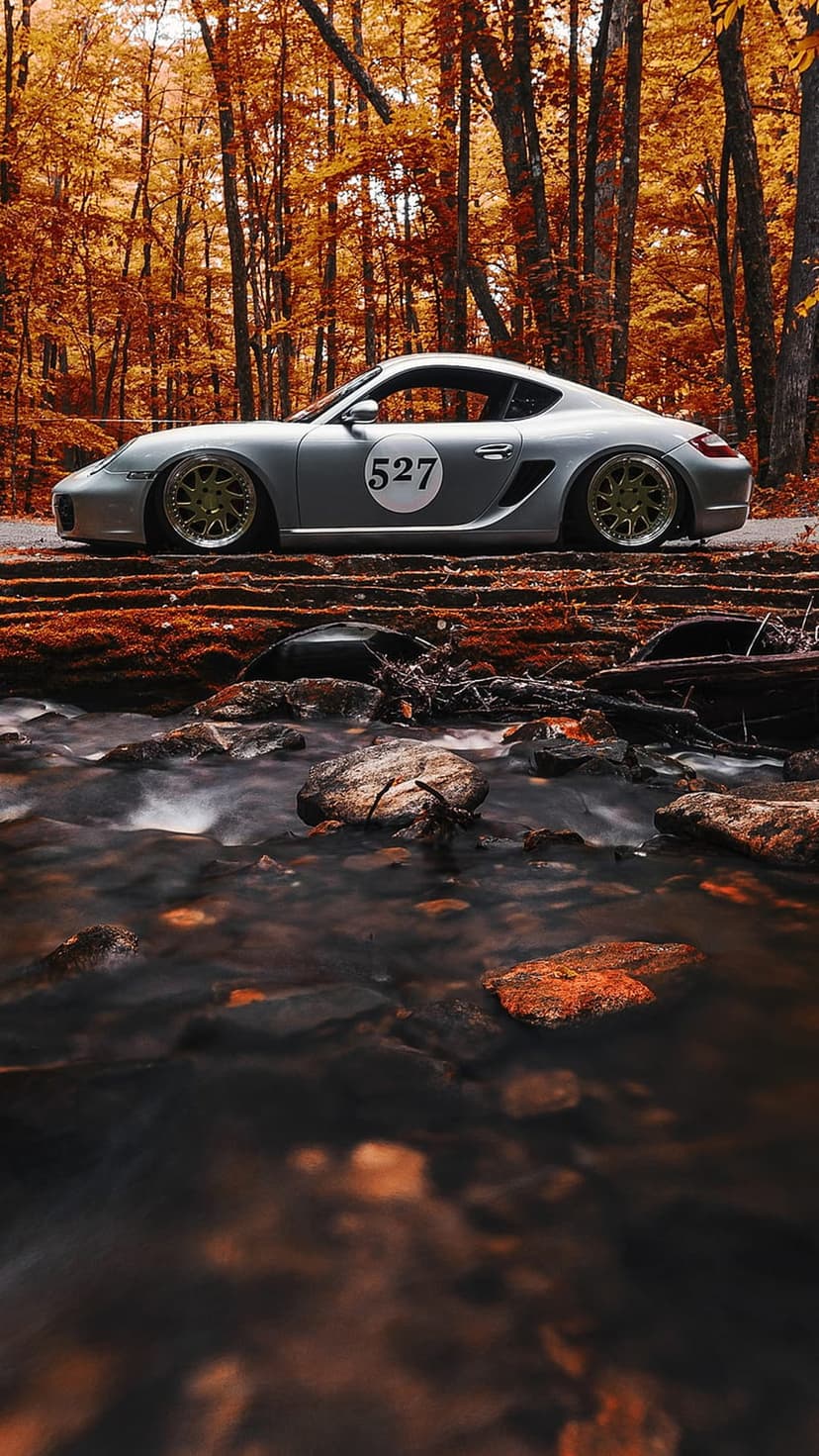 Silver Porsche Cayman S with number 527 parked by a forest stream amidst orange autumn trees and stone rocks.