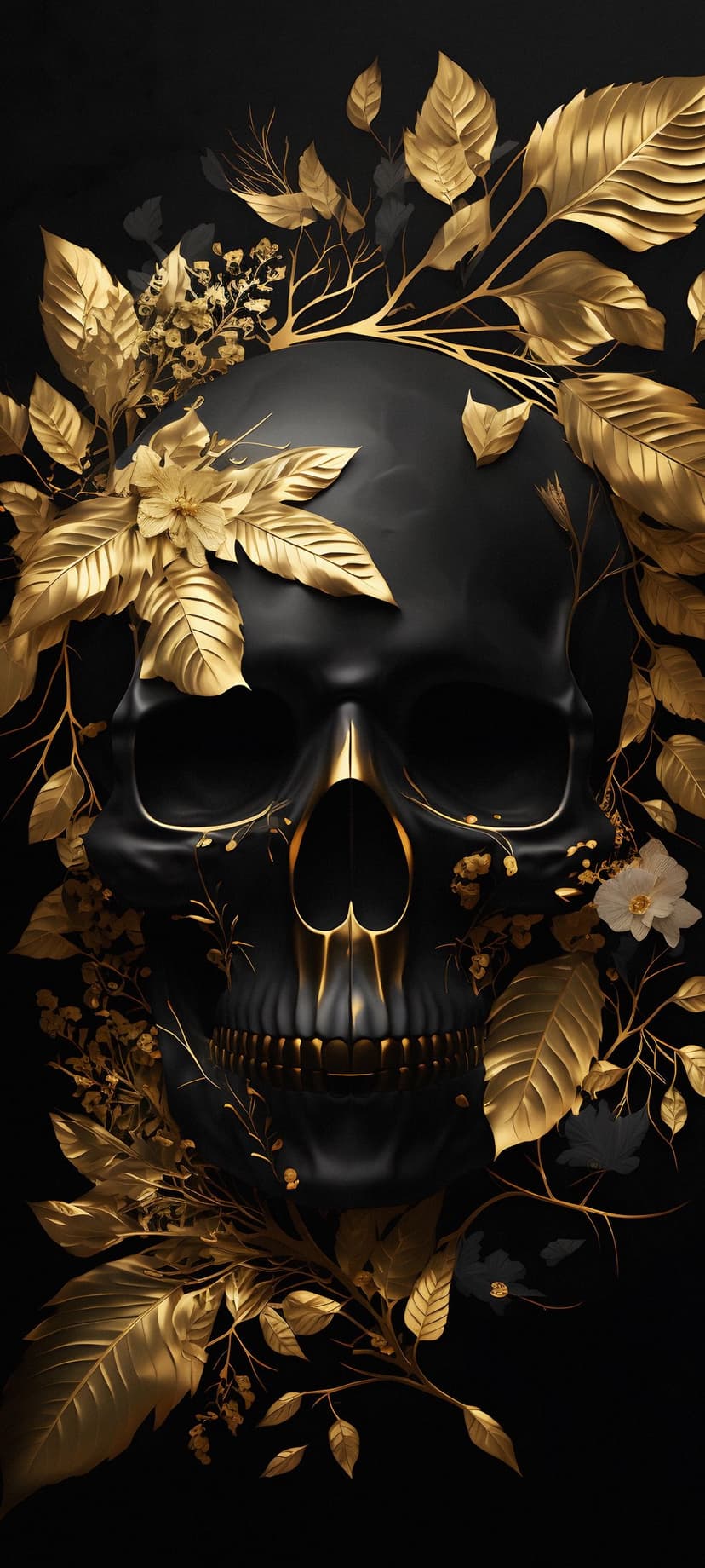 Black skull decorated with metallic gold leaves and flowers against a dark, high-contrast background.