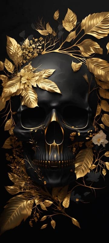 Luxurious Black Skull Adorned with Golden Leaves and Flowers