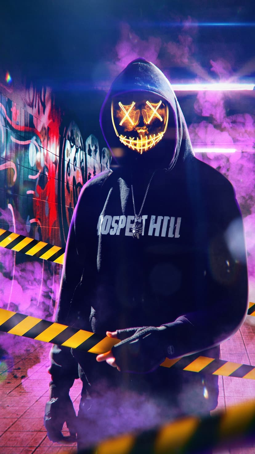 Masked person with glowing orange X eyes and a stitched smile standing in purple fog with graffiti background.