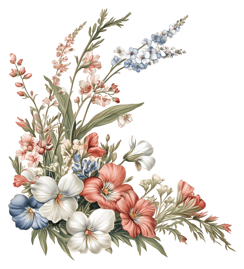 Botanical flower bouquet in a corner arrangement featuring vibrant petals and diverse green foliage textures.
