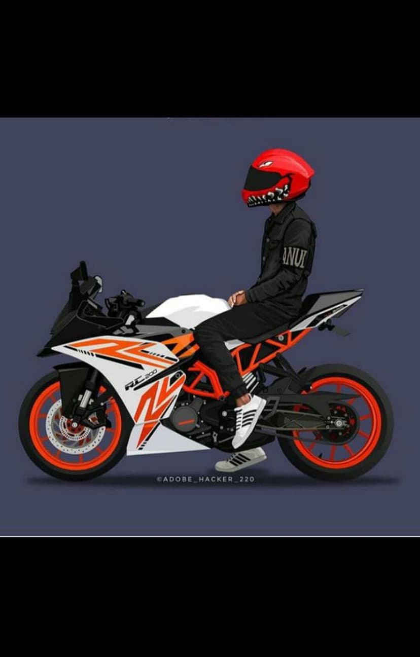 Motorcyclist in a red helmet and black jacket sits on a white and orange KTM RC 200 with bright orange wheels.