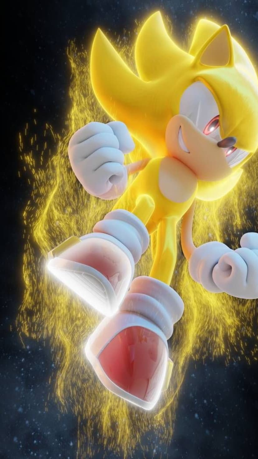 Super Sonic with yellow fur and red eyes clenches his fists amidst a golden aura and star-filled galaxy.