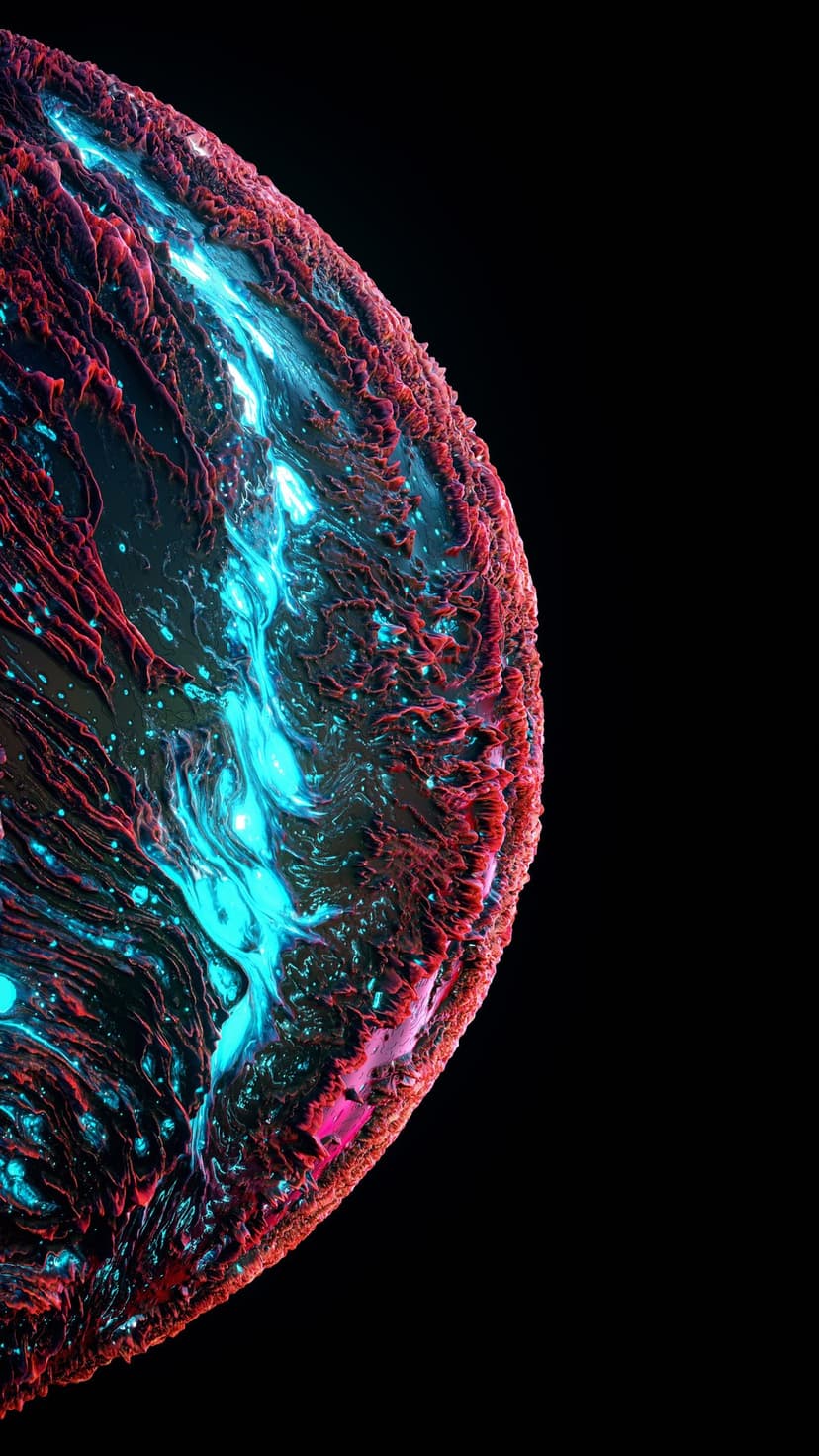 Textured spherical orb with neon blue and crimson swirls of light against a dark, minimalist black backdrop.