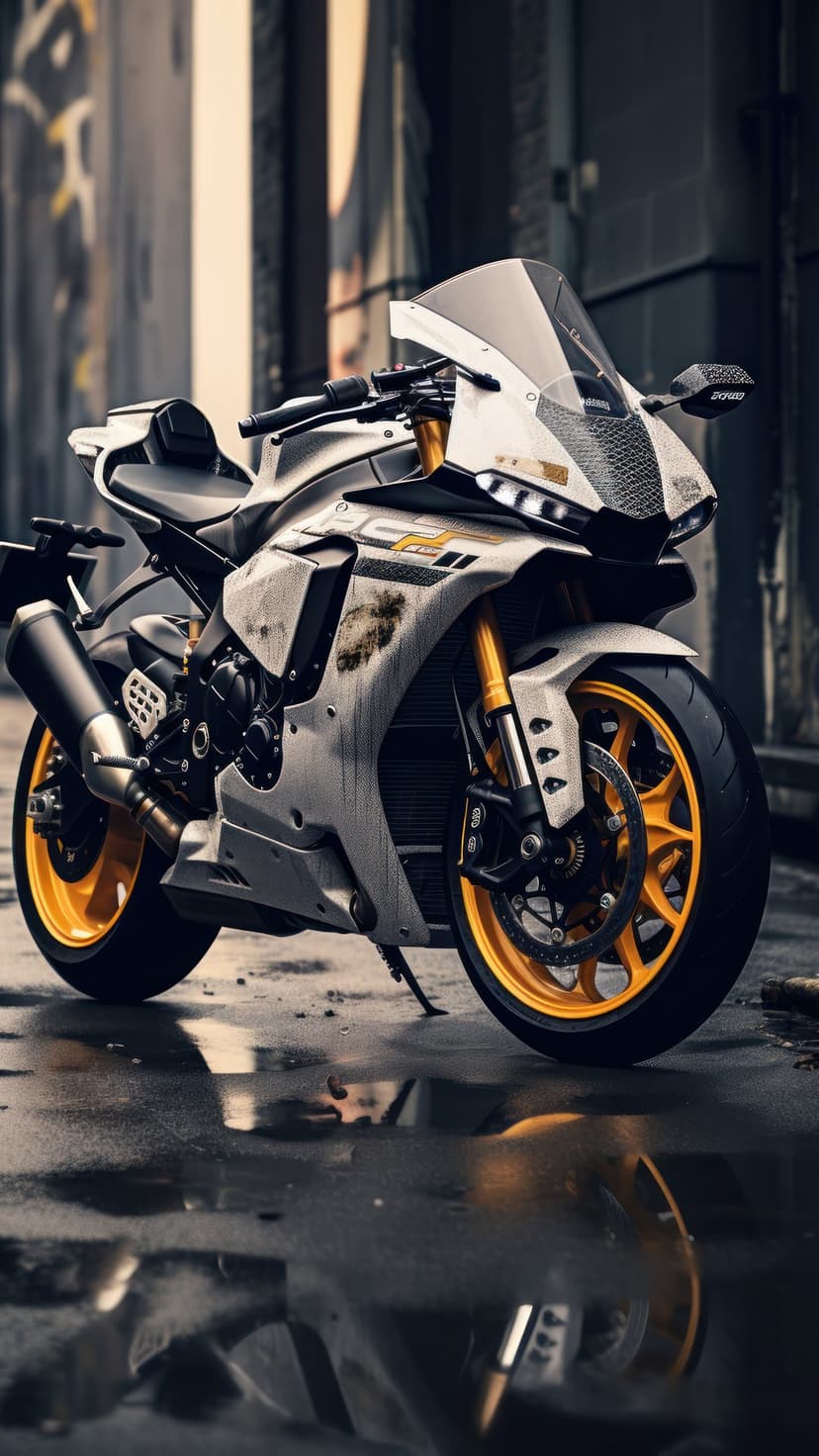 Yamaha R1 superbike with gold wheels parked on a wet alley street featuring graffiti and puddle reflections.