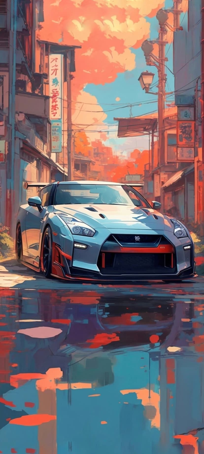 Light blue Nissan GT-R parked on a wet road reflecting traditional Japanese buildings under a colorful sky.
