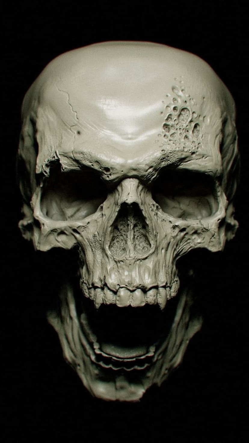 Human skull sculpture with an open jaw, sharp teeth, and porous bone texture against a solid black background.