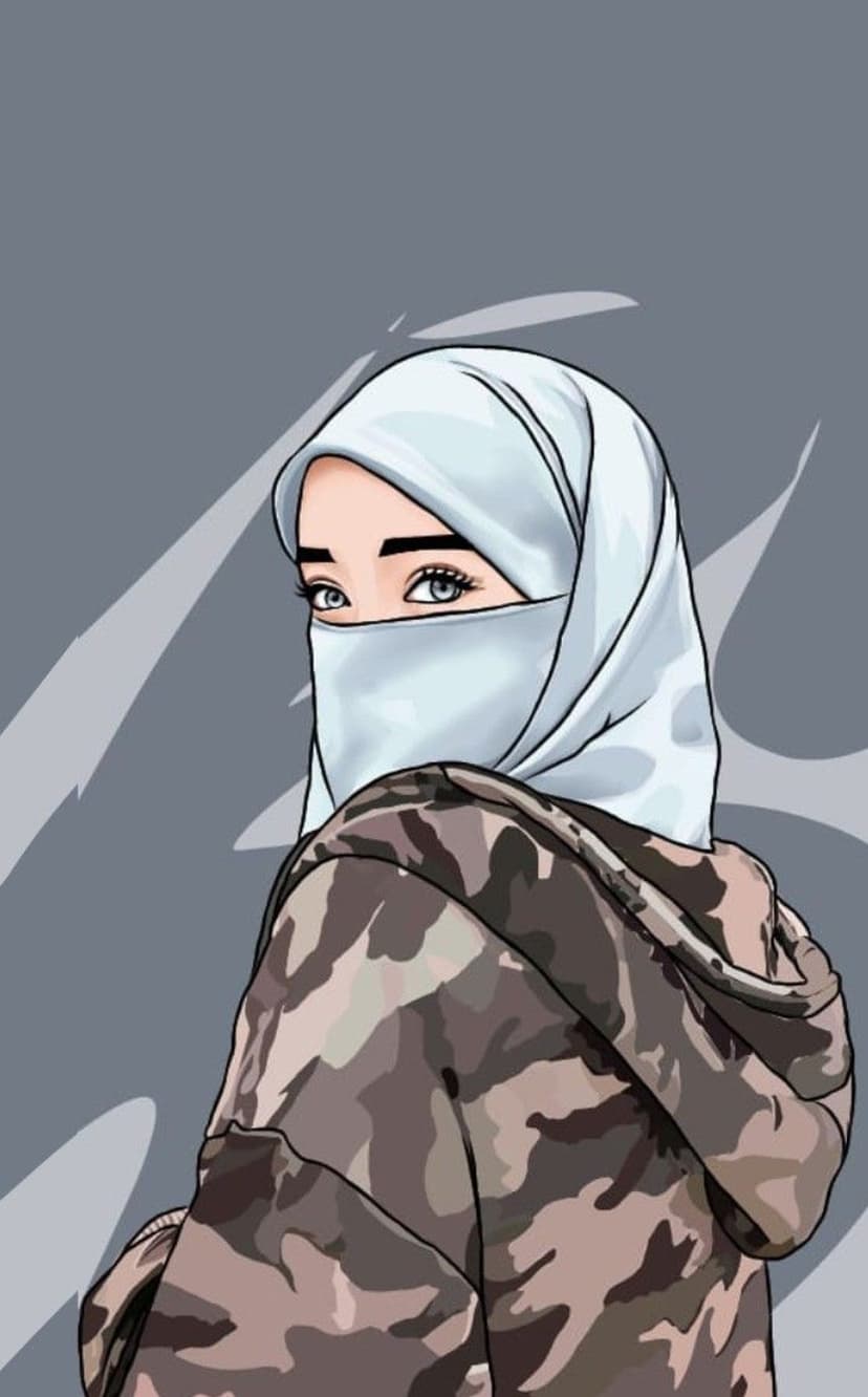Woman with bright blue eyes wearing a white niqab and a camouflage jacket against a grey abstract background.