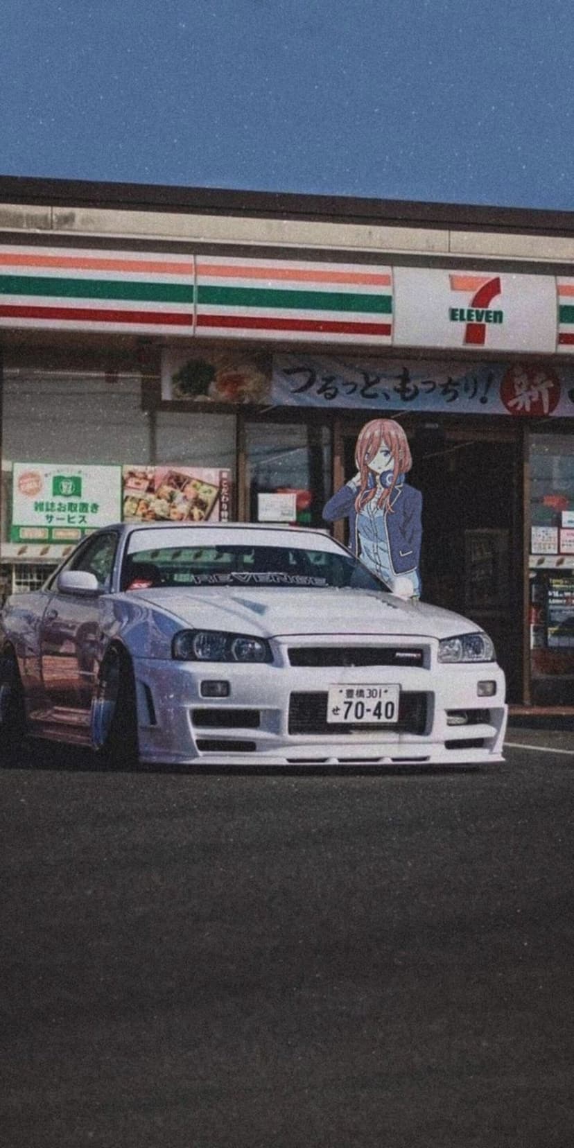 Anime girl with headphones stands next to a white modified sports car in front of a 7-Eleven under a blue sky.