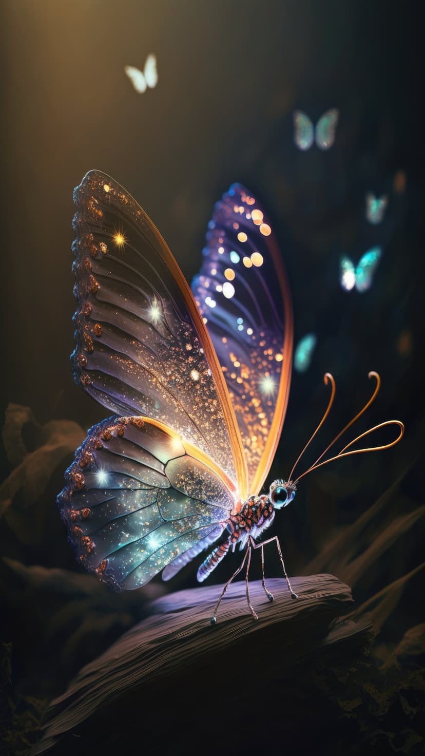 Radiant butterfly with translucent star-patterned wings perches on a rough branch surrounded by soft bokeh lights.