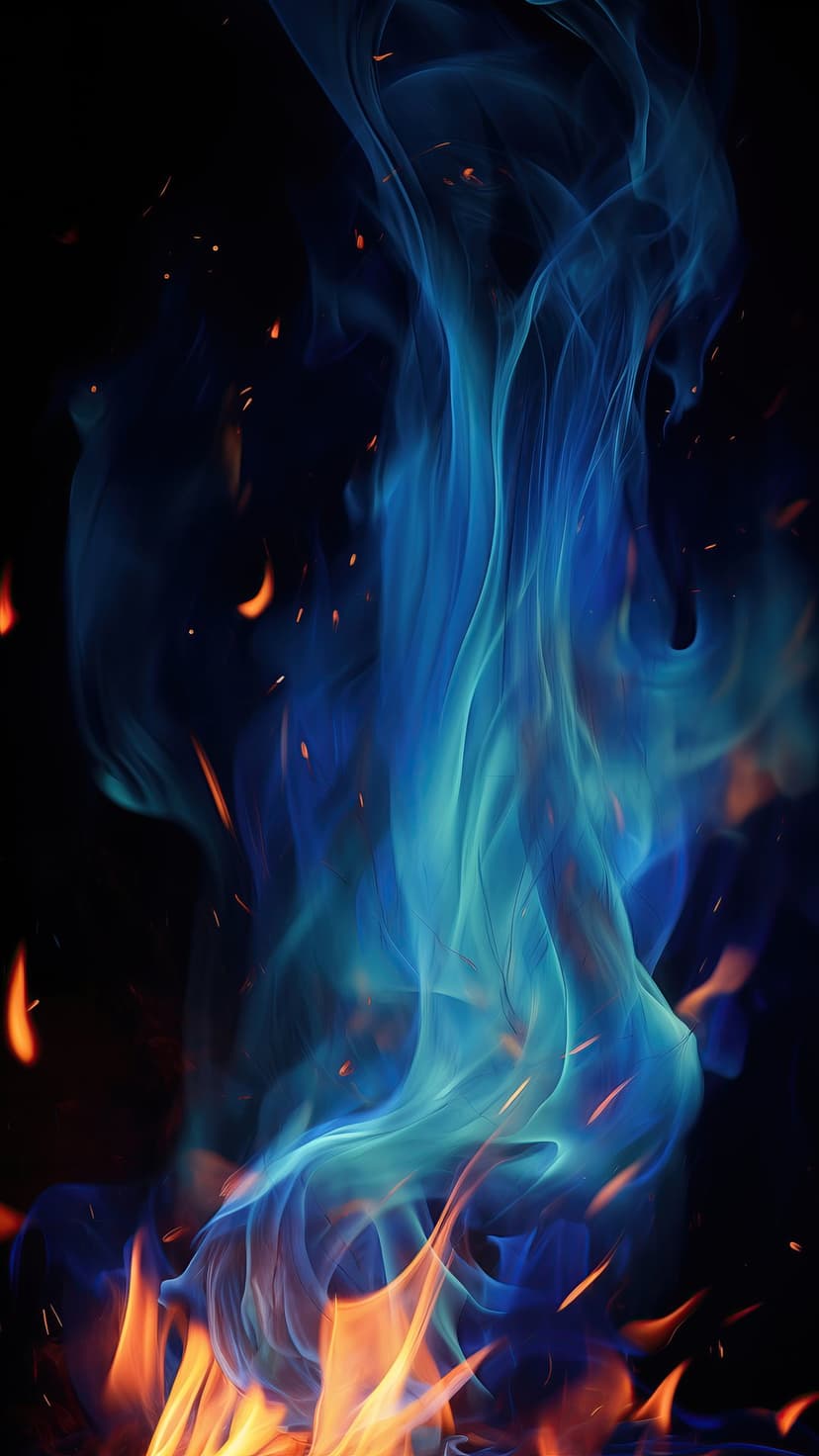Luminous blue flames dance around orange fire sparks and glowing embers against a solid black background.