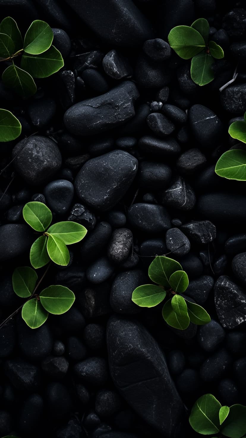 Emerald green leaves emerging from a bed of dark, porous volcanic stones in a detailed macro nature shot.