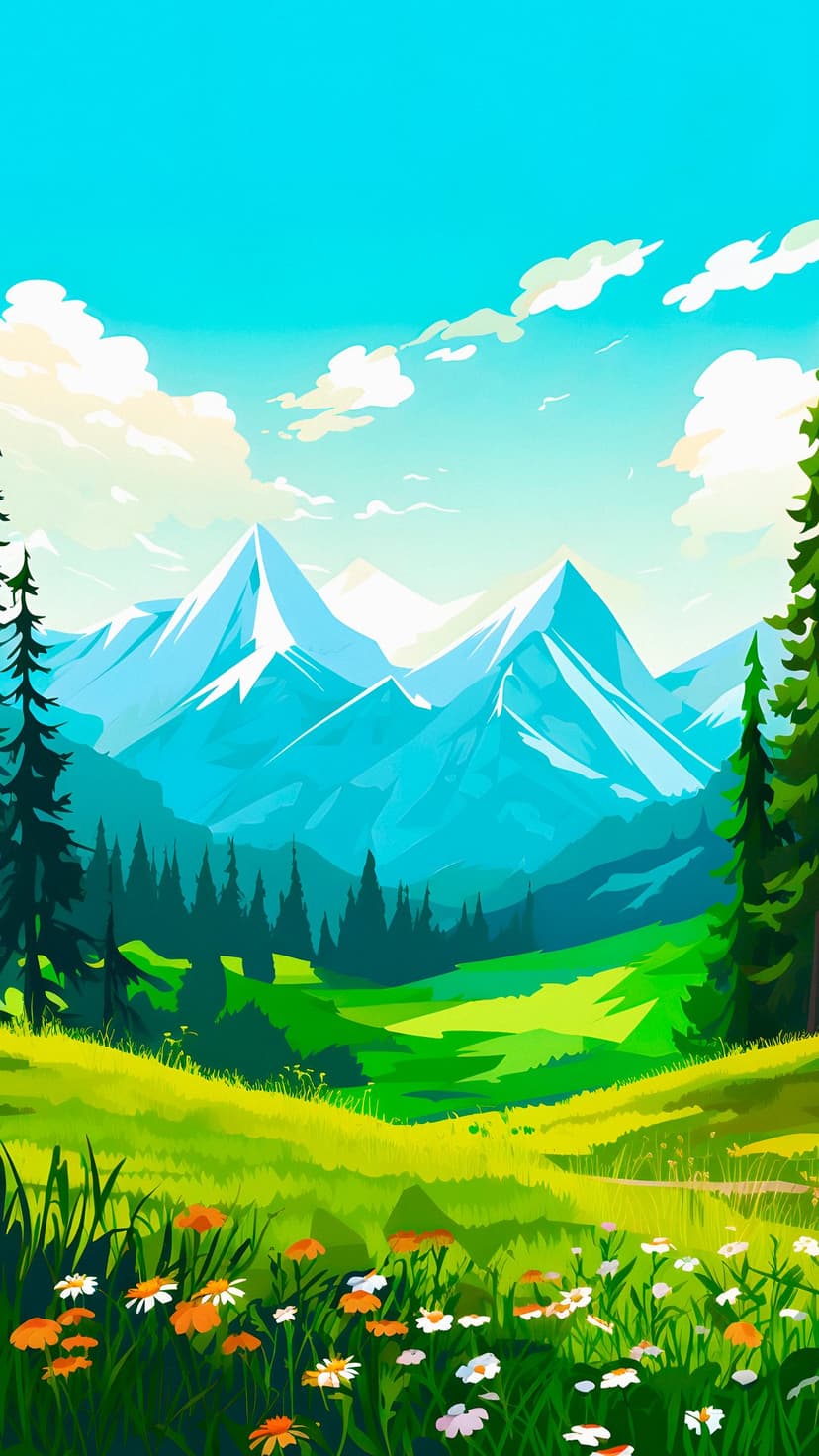 Snow-capped mountain peaks tower over a lush green meadow filled with vibrant wildflowers under a blue sky.