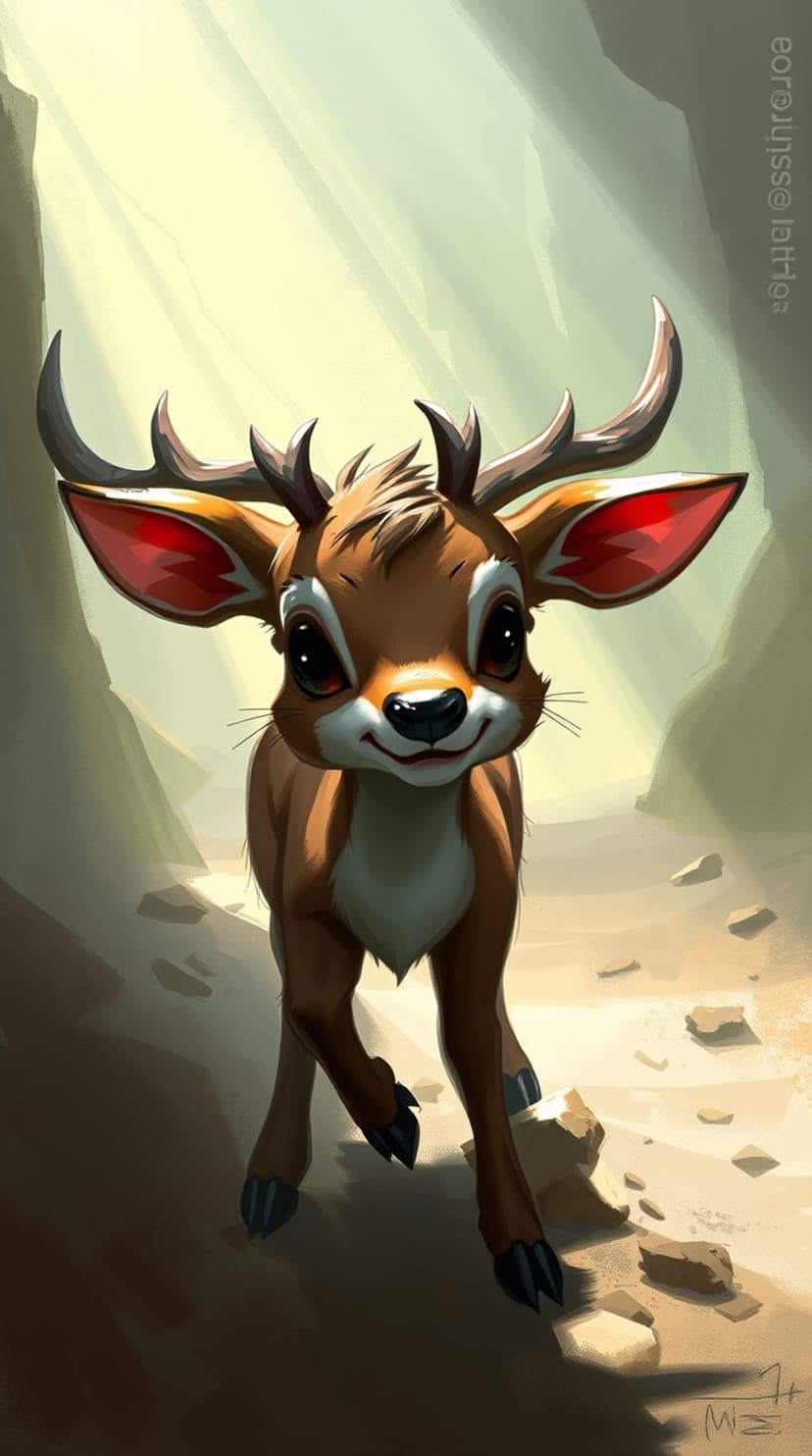 Fawn with large expressive eyes and small antlers stands on rocks in a bright, sun-dappled forest clearing.