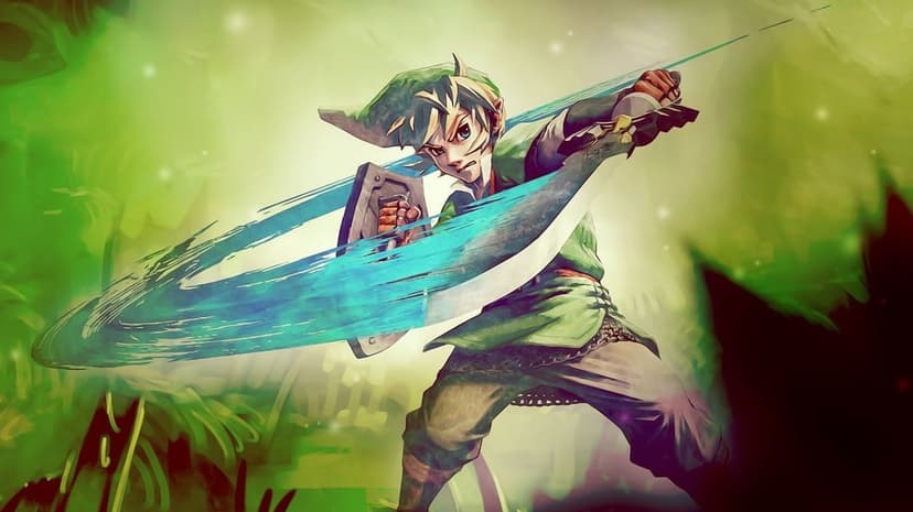 Link swings his sword with a glowing blue energy trail against a painterly green forest background in focus.