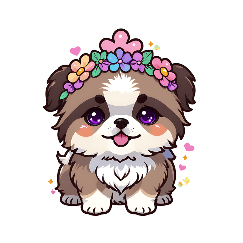 Fluffy brown and white puppy sticker wearing a colorful floral crown with purple eyes and floating pink hearts.
