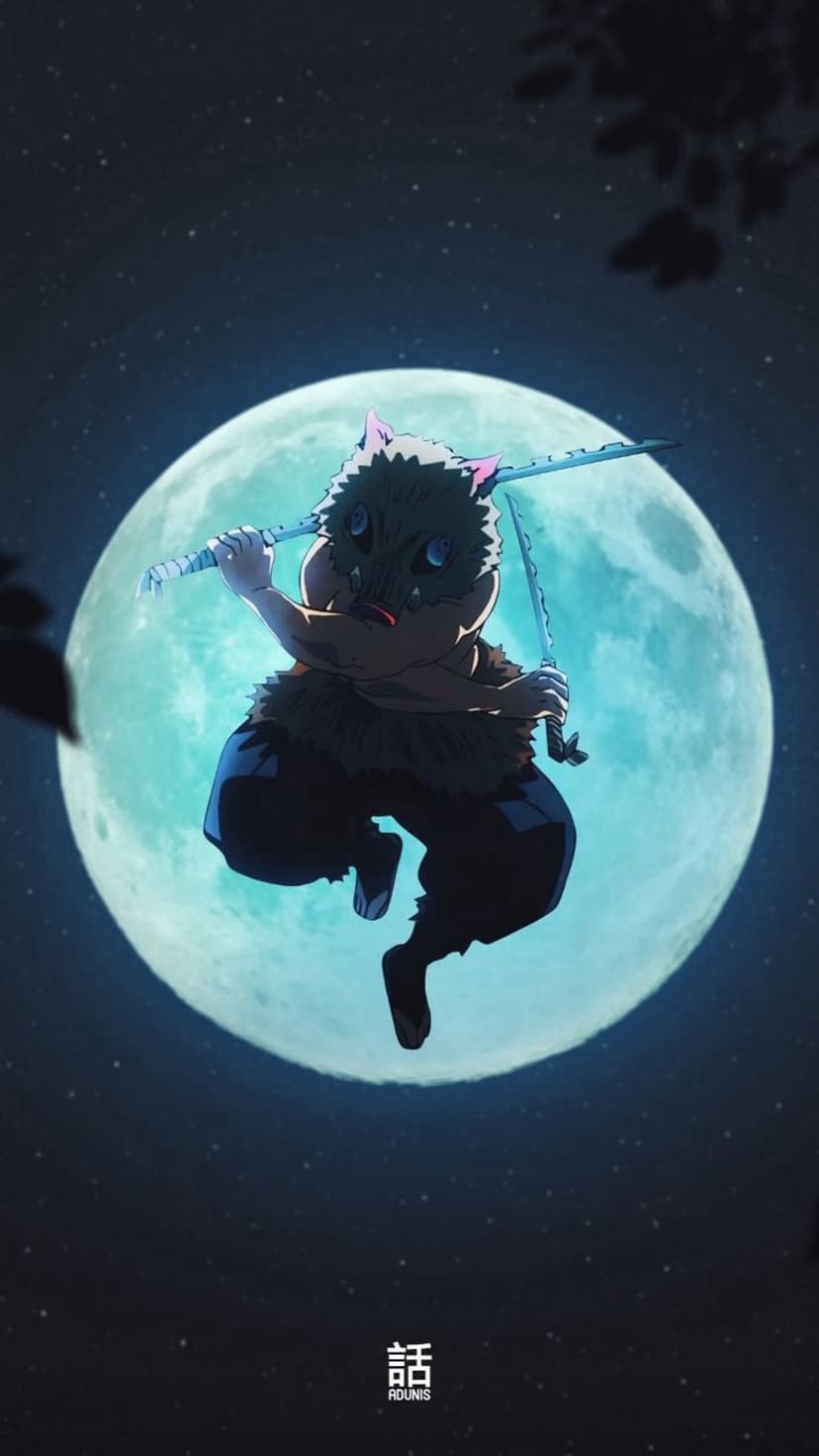 Inosuke Hashibira leaps mid-air with dual katanas before a giant glowing moon and starry night sky background.