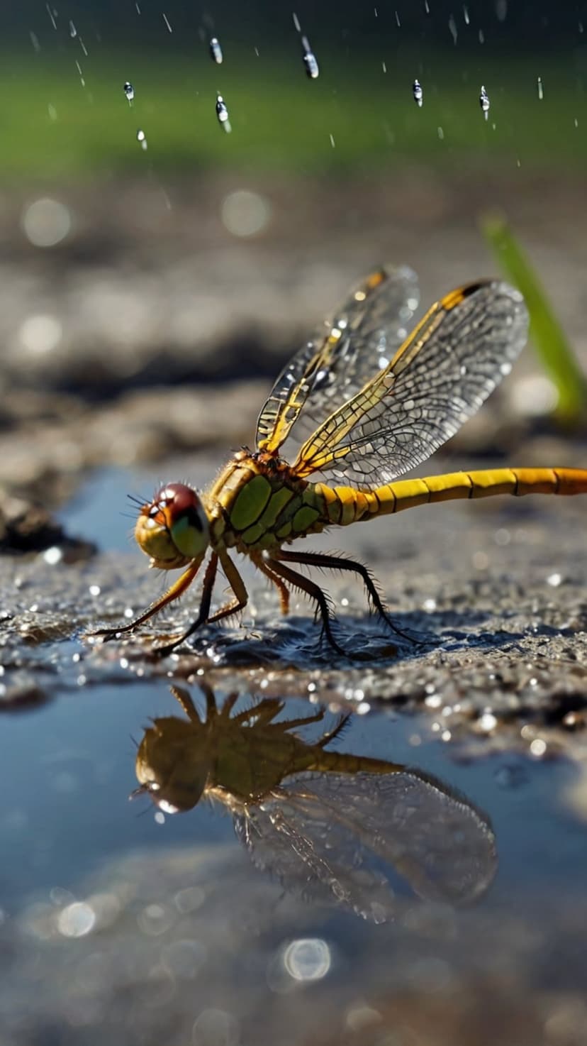 Yellow dragonfly with water-beaded wings rests on wet ground, reflecting in a puddle during a gentle rainfall.