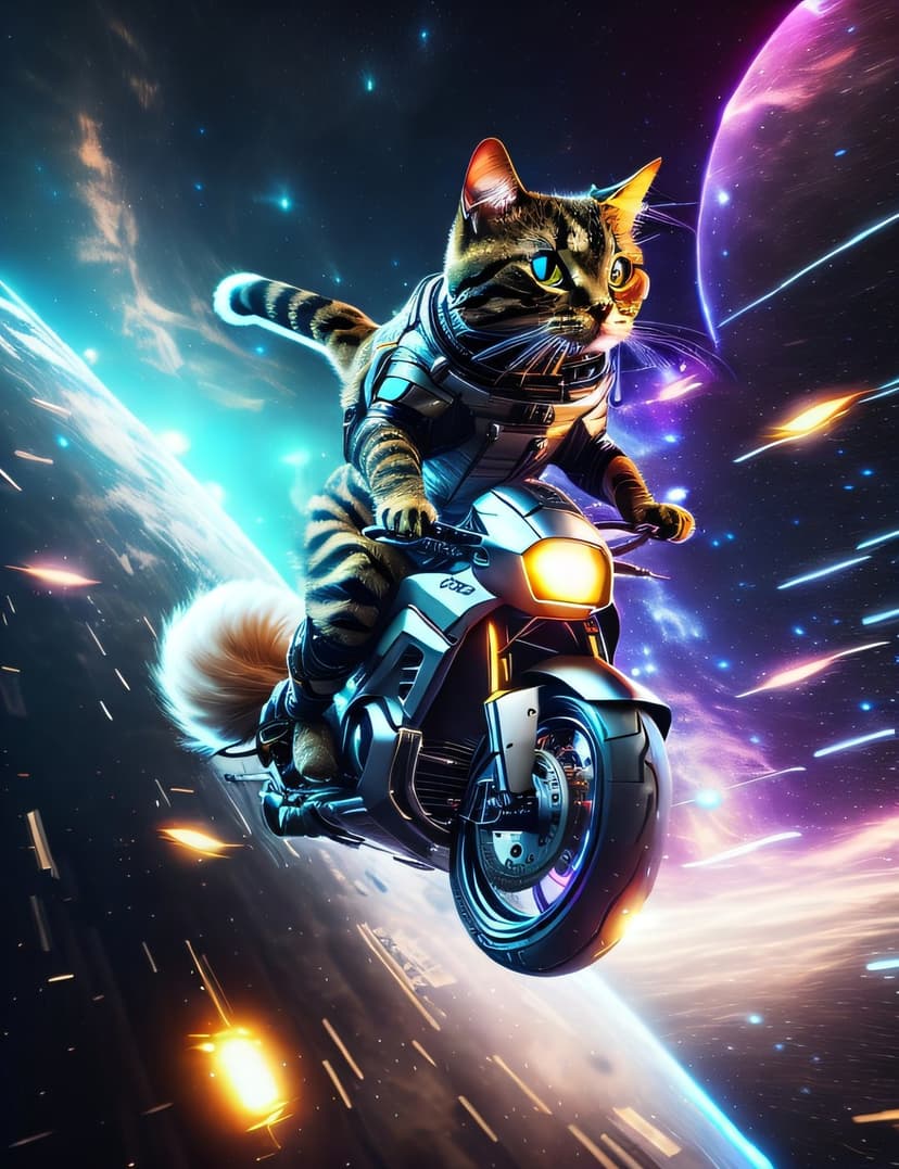 Tabby cat in a white space suit rides a metallic motorcycle through swirling pink and purple cosmic nebulae.